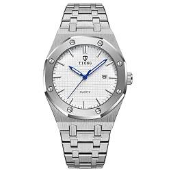Herren Uhr Metallarmband Wasserdicht Edelstahl Analoger Quarzuhr Date Armbanduhr Männer Zeiger Leuchtende (Silver&White) von Tiong