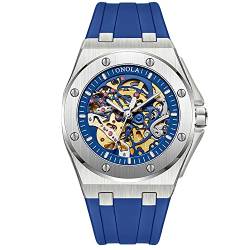 Herren-Uhren, mechanisch, automatisch, luxuriös, Edelstahl, wasserdicht, Skelett-Zifferblatt, ON3108-Silver blue, von Tiong