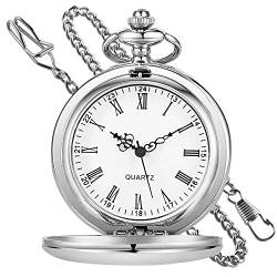 Klassische Glatte Stahl-Quarz-Taschenuhr mit Kette, römische Ziffern, für Herren und Damen, Taschenuhr, Anhänger Geburtstag von Tiong