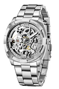 Tiong Automatik Uhr Herren Mechanische Skelett Glasboden Römische Zahlen Diamant Zifferblatt Wasserdicht Schwarz Männer Armbanduhr mit Edelstahl Uhren (silber1) von Tiong