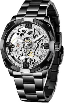 Tiong Automatik Uhr Herren Mechanische Skelett Glasboden Römische Zahlen Diamant Zifferblatt Wasserdicht Schwarz Männer Armbanduhr mit Edelstahl Uhren (silber1)…… von Tiong