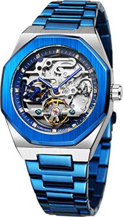 Tiong Blaue Metall Armee Automatische Uhr Tourbillon Edelstahl Steampunk Rahmen Männer Mechanische Uhr von Tiong