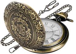 Tiong Bronze Große dekorative Blumenmuster Taschenuhr Weiß Römische Digitale Skala Quarz Taschenuhr Herren Kette Weihnachten Abschluss Geburtstag Vatertag, Mb-cfj004… von Tiong