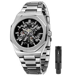 Tiong Herren-Armbanduhr, luxuriöses Skelett, mechanisch, Edelstahl, wasserdicht, schwarz, automatische Automatikaufzug, Armbanduhren für Herren, W1005-Silber Schwarz, Mechanisch von Tiong