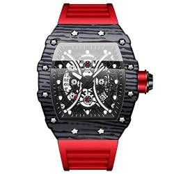 Tiong Herren Mode Quarzuhr Skelett Tonneau Großes Zifferblatt Analog Herren Armbanduhr Uhr Casual Business Rotes Silikon Armband Uhren von Tiong