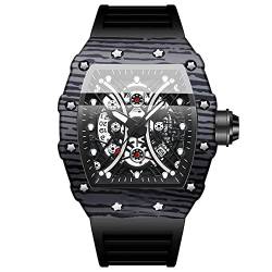 Tiong Herren Mode Quarzuhr Skelett Tonneau Großes Zifferblatt Analog Herren Armbanduhr Uhr Casual Business Schwarz Silikon Armband Uhren von Tiong