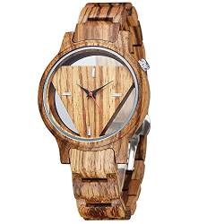 Tiong Holzuhren für Damen Herren Inverted Geometrische Zebra Holz Uhr Einzigartige Elegante Quarz Holz Armbanduhr Handgefertigt mit Bambus Armband Unisex, Wooden-3, Armband von Tiong