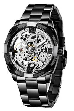 Tiong Mechanische Herrenuhr Edelstahl Automatik Skelett Uhr Wasserdicht Uhren für Männer Vatertagsgeschenk, schwarz/silberfarben, Mechanische, automatische Uhr von Tiong