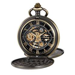 Tiong Mechanische Taschenuhr Handaufzug Steampunk Double Hunter Taschenuhr Gravierte Römische Ziffern für Männer mit Geschenkbox von Tiong