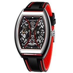 Tiong Quadratische Silikon mechanische Uhr Herren Skelett Schwungrad Uhren Wasserdicht Silikon Armband Mechanische Uhren für Herren, FOR001-schwarz rot von Tiong