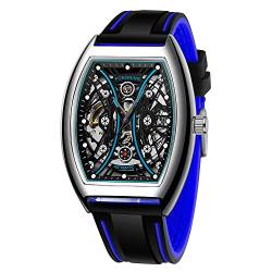 Tiong Quadratische Silikon mechanische Uhr Herren Skelett Schwungrad Uhren Wasserdicht Silikon Armband Mechanische Uhren für Herren, FOR002-black blue von Tiong