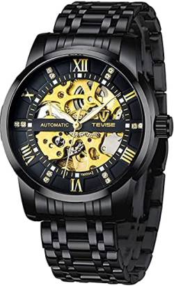 Tiong Schwarze Herrenuhr Automatische Herren Mechanische Automatikuhr, Edelstahl wasserdichte Uhr Herren Leuchtende Mode Mechanische Uhr- (Black1) von Tiong