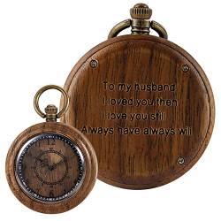 Tiong Taschenuhr aus Holz für Herren, handgefertigt, Bambusholz, analog, Quarz, Taschenuhr mit Kette, Geschenk zum Vatertag, Dunkelbraun-Ehemann, Quarz-Uhrwerk von Tiong