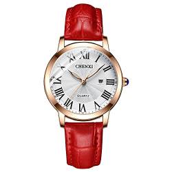 Tiong Uhren Damen Einfache Stil Armbanduhr Quarzuhr Rotes Lederarmband Uhr Römische Ziffern Analoge Uhr Quarzuhr für Frauen… von Tiong