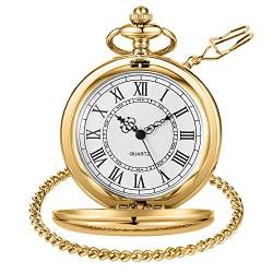 Tiong Vintage Taschenuhr mit Kette Glatt Stahl Quarz Einzigartiges weißes Zifferblatt Design Taschenuhr für Männer Vatertag von Tiong