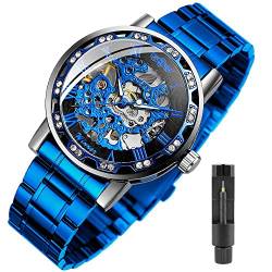 Transparente, modische Diamant-Uhrwerk, königliches Design, Herrenuhr, luxuriös, mechanische Skelett-Armbanduhr, G1089-blau von Tiong