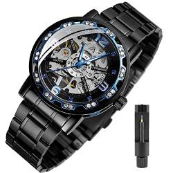 Transparente modische Diamant-Armbanduhr, Königliches Design, für Herren, Top-Marke, Luxus-Männer, mechanische Skelett-Armbanduhr, S1089-schwarz, Mechanische, automatische Armbanduhr von Tiong