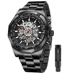 Wacthes Herren-Armbanduhr, automatisch, mechanisch, Edelstahl, 30 m wasserdicht, Skelett-Uhrwerk S101-schwarz von Tiong