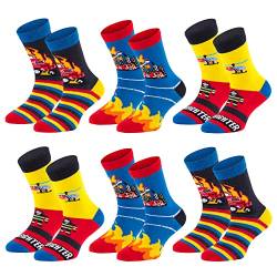 TippTexx 24 Kinder Socken, handgekettelt, 6 Paar für Mädchen/Jungen, weiche Baumwolle, viele Muster (Feuerwehr, 9-10 Jahre) von TippTexx 24
