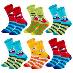TippTexx 24 Kinder Socken, handgekettelt, 6 Paar für Mädchen/Jungen, weiche Baumwolle, viele Muster (Lustige Monster, 1-2 Jahre) von TippTexx 24