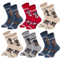 TippTexx 24 Kinder Socken, handgekettelt, 6 Paar für Mädchen/Jungen, weiche Baumwolle, viele Muster (Pferde, 7-8 Jahre) von TippTexx 24