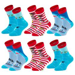 TippTexx 24 Kinder Socken, handgekettelt, 6 Paar für Mädchen/Jungen, weiche Baumwolle, viele Muster (Pirat, 3-4 Jahre) von TippTexx 24
