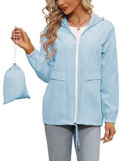 Tisfeer Damen Regenjacke Wasserdicht Winddicht Fahrradjacke Atmungsaktive Packbar Dünne Regenmantel(Hellblau,XXL) von Tisfeer