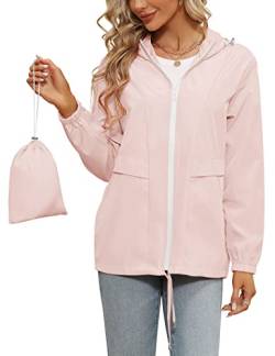 Tisfeer Damen Regenjacke Wasserdicht Winddicht Fahrradjacke Atmungsaktive Packbar Dünne Regenmantel(Rosa,XXL) von Tisfeer