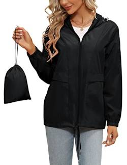 Tisfeer Regenjacke Damen Dünn Wasserdicht Leicht Windbreaker Jacke Packbar Faltbare Regenmantel Windjacke(Schwarz,XXL) von Tisfeer