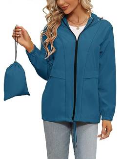 Tisfeer Regenjacke Damen Wasserdicht Atmungsaktive Jacke Übergangsjacke Leicht Packbar Regenmantel Windbreaker(Pfauenblau,S) von Tisfeer