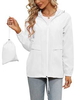 Tisfeer Regenjacke Damen Wasserdicht Atmungsaktive Jacke Übergangsjacke Leicht Packbar Regenmantel Windbreaker(Weiß,S) von Tisfeer