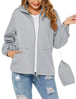 Tisfeer Regenmantel Damen Sommer Wasserdicht Leicht Faltbare Regenjacke Wandern Reisen Windbreaker Sportjacke(Grau,XXL) von Tisfeer