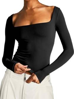 TiulZial Langärmeliges T-Shirt für Damen – Oberteil mit quadratischem Ausschnitt, doppelt gefüttert, enges Hemd, Y2K, bauchfreies Top, schmale Passform, Schwarz, Mittel von TiulZial