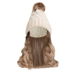 Hut Perücke Hut mit Haaren lange gewellte Haarverlängerungen Strickmütze synthetisches Haarteil für Frauen Wintermütze Haarverlängerung langes gewelltes synthetisches Haarteil für Frauen (B, One Size) von Tmianya