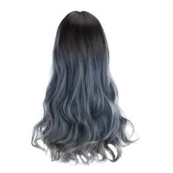 Perücke, weiblich, langes Haar, große Welle, Farbverlauf, Blau, Grau, Ganzkopf-Set, das gesamte obere Haar-Set XQQ0275 (Blue, One Size) von Tmianya