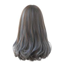 Perücke für Damen, langes Haar, modisch, blaue Highlights, Farbverlauf, große Wellen, bequemes, natürliches, hochtemperaturbeständiges Seidenhaar-Set, ganze schulterlange Haare (Dark Blue, One Size) von Tmianya