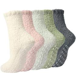 Fuzzy Socks for Women with Grips Warm Fluffy Slipper Socks Non Slip Cozy Winter Thick Plush Krankenhaus Zuhause Socken, 5 Paar, reine Farbe, Einheitsgröße von Toes Home