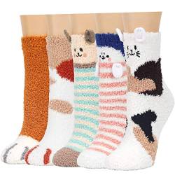 Plüsch-Hausschuhsocken für Damen, Tierpfote, warm, flauschig, Crew-Socken, gemütlich, weich, 5 Paar für den Winter und drinnen, Mehrfarbig a, Einheitsgröße von Toes Home