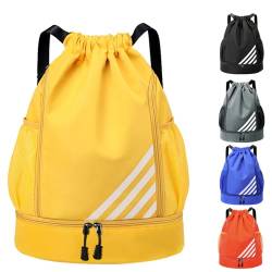 Tokeya Turnbeutel Kordelzug Damen Sportbeutel Wasserdicht Rucksack mit Schuhfach Tunnelzug Daypack Fussball Tasche Sporttasche Leichter Gymsack für Reisen Schwimmen Fitness Basketball, Gelb von Tokeya