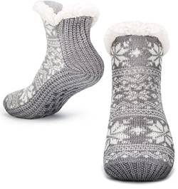 Pantoffelsocken für Frauen Männer Warm Halten Socke Nicht Rutschen Gestrickt Dick Sherpa Fleece Gefüttert Kuschelig Winter Flauschig Bett Hausschuhe Geeignet für Indoor Haus Haus Boden Snow Grey von Tolumo