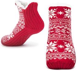 Pantoffelsocken für Frauen Männer Warm Halten Socke Nicht Rutschen Gestrickt Dick Sherpa Fleece Gefüttert Kuschelig Winter Flauschig Bett Hausschuhe Geeignet für Indoor Haus Haus Boden Snow Red von Tolumo