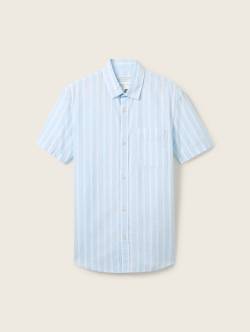 TOM TAILOR DENIM Herren Gestreiftes Kurzarmhemd mit Leinen, blau, Streifenmuster, Gr. XL von Tom Tailor Denim