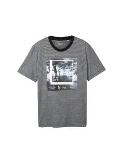 TOM TAILOR DENIM Herren Gestreiftes T-Shirt mit Fotoprint, schwarz, Streifenmuster, Gr. XL von Tom Tailor Denim