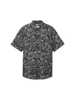 TOM TAILOR DENIM Herren Relaxed Kurzarmhemd mit Leinen, schwarz, Allover Print, Gr. XL von Tom Tailor Denim