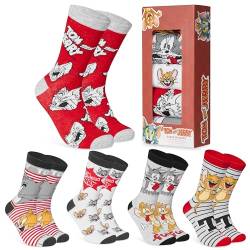 Tom und Jerry Lustige Socken für Männer & Teenager 5er Pack - Gr. 40-45, Bunte Baumwollsocken - Geschenke für Herren (Grau/Rot) von Tom and Jerry