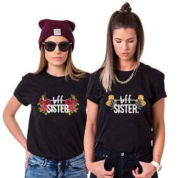 Best Friends T-Shirts für 2 Mädchen Sister BFF T Shirt für Zwei Damen Beste Freunde Tshirts Freundin Schwestern Geschenke 1 Stück (1 Stück - Rot Rose - Schwarz, M) von Tom's Couples Shop