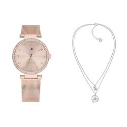 Tommy Hilfiger Analog Quarzuhr für Damen mit Roségoldfarbenes Edelstahl-Mesh-Gliederarmband - 1782508 Jewelry Halskette für Damen aus Edelstahl mit Kristallen - 2780067 von Tommy Hilfiger