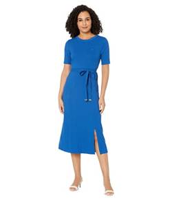 Tommy Hilfiger Damen Geripptes Midikleid mit Gürtel Lässiges Kleid, True Blue, L von Tommy Hilfiger