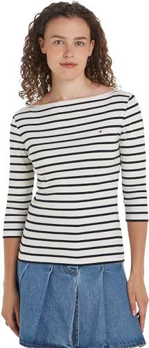 Tommy Hilfiger Damen Langarmshirt Slim U-Boot-Ausschnitt, Mehrfarbig (Breton Ecru/Desert Sky), M von Tommy Hilfiger