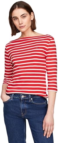 Tommy Hilfiger Damen Langarmshirt Slim U-Boot-Ausschnitt, Mehrfarbig (Breton Fierce Red/Ecru), M von Tommy Hilfiger